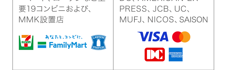 ご利用可能な決済サービス コンビニ決済 セブン・イレブン ファミリーマート、ローソンなど主要19コンビニおよび、クレジットカード決済VISA、MasterCard、DC、AMERICAN EX-PRESS、JCB、UC、MUFJ、NICOS、SAISON