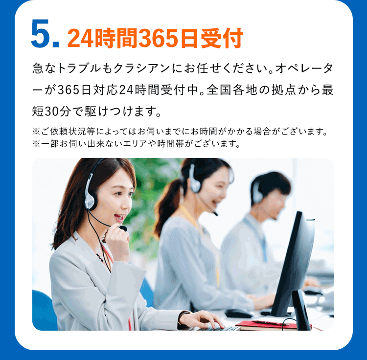 5.24時間365日受付急なトラブルもクラシアンにお任せください。オペレーターが365日対応24時間受付中。全国各地の拠点から最短30分で駆けつけます。※ご依頼状況等によってはお伺いまでにお時間がかかる場合がございます。※一部お伺い出来ないエリアや時間帯がございます。