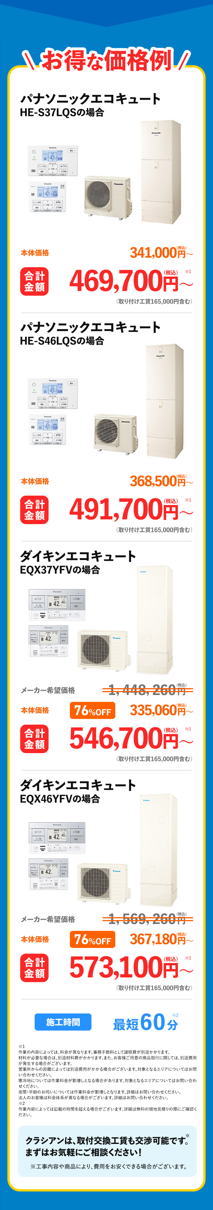 お得な価格例/
パナソニックエコキュート
HE-S37LQSの場合
し
本体価格
341,000円~
会計 469,700円~
金額
(取り付け工賃 165,000円含む)
パナソニックエコキュート
HE-S46LQSの場合
¥140
2000
[過き着し]
ふろ自動
本体価格
368,500円~
会計 491,700円~
金額
(取り付け工賃165,000円含む)
ダイキンエコキュート
EQX37YFVの場合
21:01
追いだき
42.40
たし
通話
YOAIKIN
21:01
42
☐
メーカー希望価格
本体価格
1,448,260円=
76%OFF 335,060円~
金計 546,700円~
合計
金額
(取り付け工賃 165,000円含む)
ダイキンエコキュート
EQX46YFVの場合
追いだき
たし
YOAIKIN
21:01
ふろ
4240
YOAIKIN
21:01 ふろ自
42
Al
FOAKIN
1
本体価格
メーカー希望価格
=1,569,260円
76%OFF 367,180円~
合計
金額
573,100円~
(取り付け工賃165,000円含む)
施工時間
最短 60分
*1
作業の内容によっては、 料金が異なります。 事務手数料として諸経費が別途かかります。
材料が必要な場合は、別途材料費がかかります。 また、 お客様ご用意の商品取付に関しては、別途費用
が発生する場合がございます。
営業所からの距離によっては別途費用がかかる場合がございます。 対象となるエリアについてはお問
い合わせください。
寒冷地については作業料金が割増しとなる場合があります。 対象となるエリアについてはお問い合わ
せください。
夜間・早朝のお伺いについては作業料金が割増しとなります。 詳細はお問い合わせください。
法人のお客様は料金体系が異なる場合がございます。 詳細はお問い合わせください。
*2
作業内容によっては記載の時間を超える場合がございます。 詳細は無料の現地見積りの際にご確認く
ださい。
*
クラシアンは、取付交換工賃も交渉可能です。
まずはお気軽にご相談ください!
※工事内容や商品により、費用をお安くできる場合がございます。