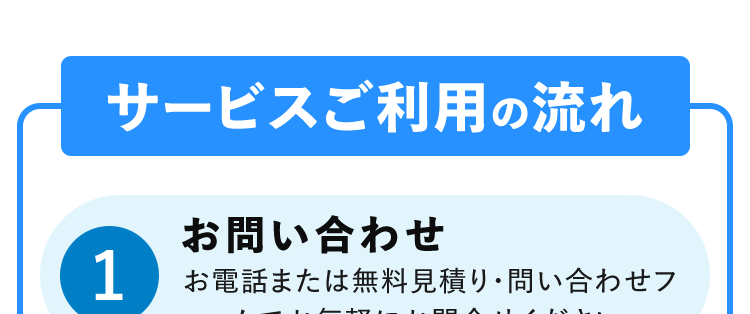 サービスご利用の流れ
お問い合わせ
1
お電話または無料見積り・問い合わせフ
ォームでお気軽にお問合せください。
必要事項のご確認
2 当社スタッフより折り返しご連絡いたし
ます。
お見積り内容のご連絡
3 在庫、お見積り金額、工事スケジュール
をお知らせいたします。
出張費などの料金は発生しません。
交換・取り付けの訪問
4 有資格者から事前説明をしたのち、安全
に施工いたします。
\ 工事完了 /